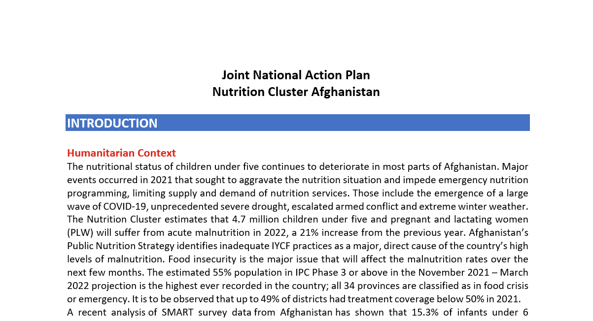 Joint Action Plan for Nutrition Cluster 